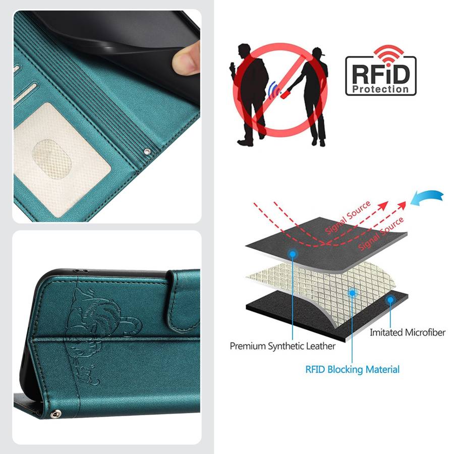 For Realme 12 5G Global Cat Rat Embossed Pattern RFID Leather Phone Case with Lanyard(Peacock G