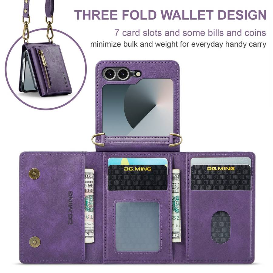 For Samsung Galaxy Z Flip6 DG.MING M5 Series Zip RFID Multi Card Detachable Leather Phone Case