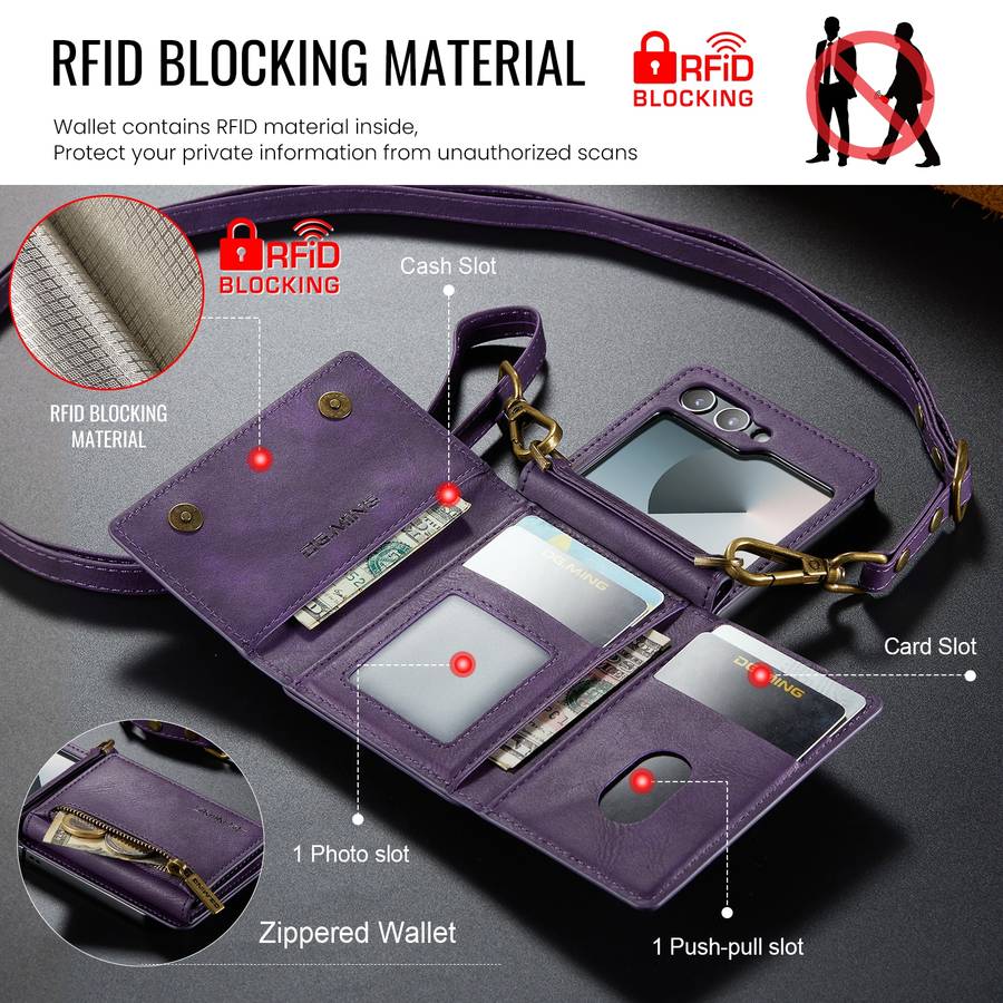 For Samsung Galaxy Z Flip6 DG.MING M5 Series Zip RFID Multi Card Detachable Leather Phone Case