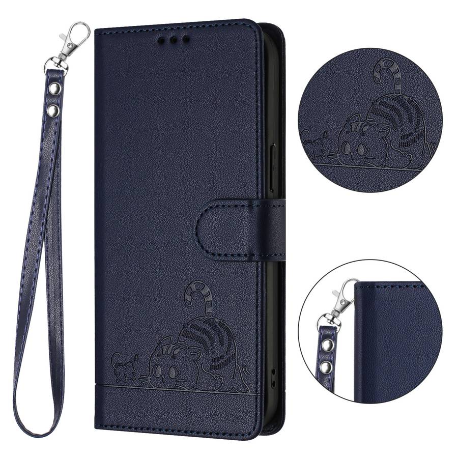 For Xiaomi Redmi K60 Cat Rat Embossed Pattern RFID PU Phone Case with Wrist Strap(Blue)