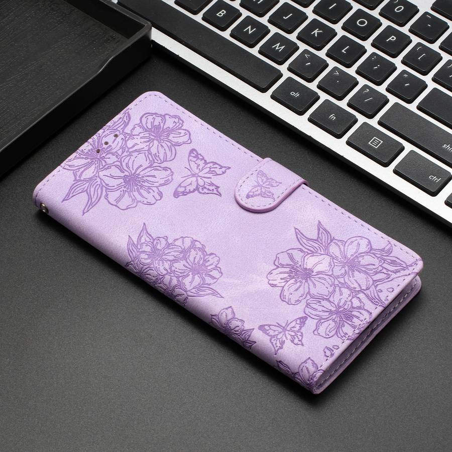 For Samsung Galaxy A04s Cherry Blossom Butterfly Skin Feel Embossed PU Phone Case(Purple)