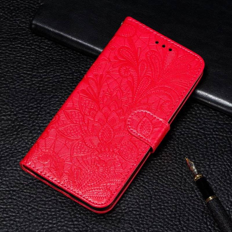 For Motorola Moto G34 Lace Flower Embossing Flip Leather Phone Case(Red)