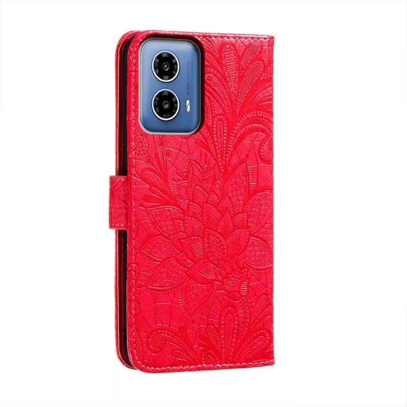 For Motorola Moto G34 Lace Flower Embossing Flip Leather Phone Case(Red)