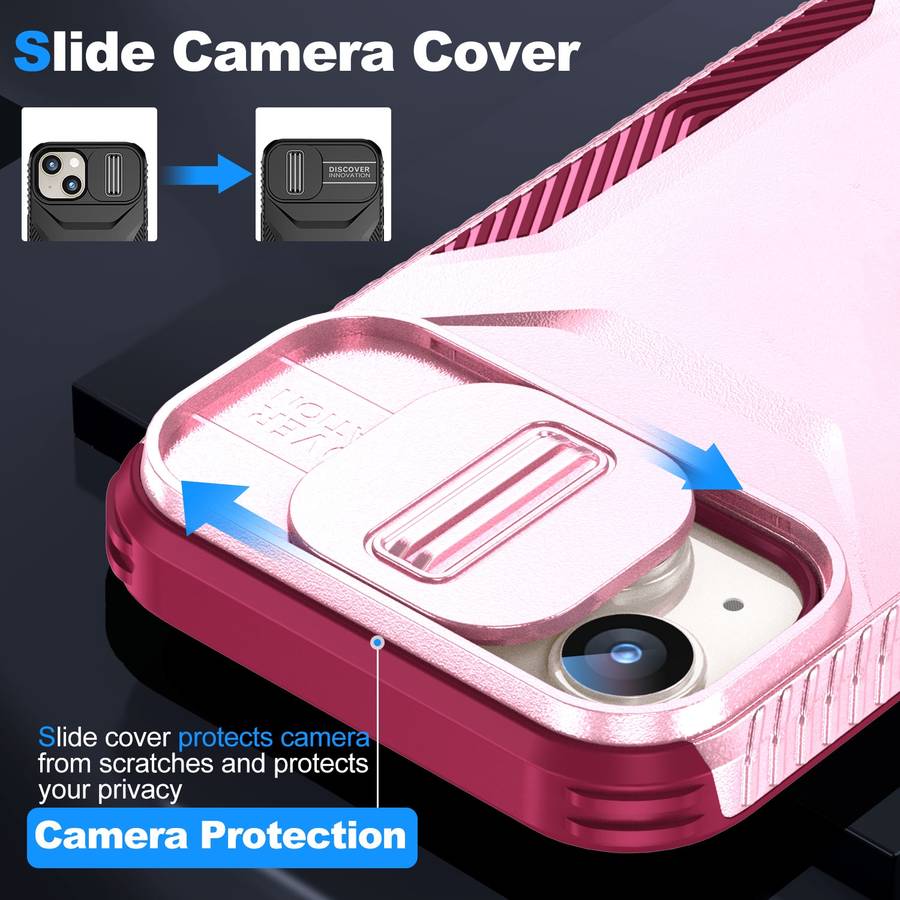For iPhone 15 Sliding Camshield Phone Case(Pink + Rose Red)