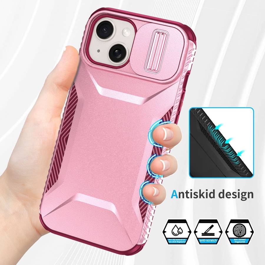 For iPhone 15 Sliding Camshield Phone Case(Pink + Rose Red)