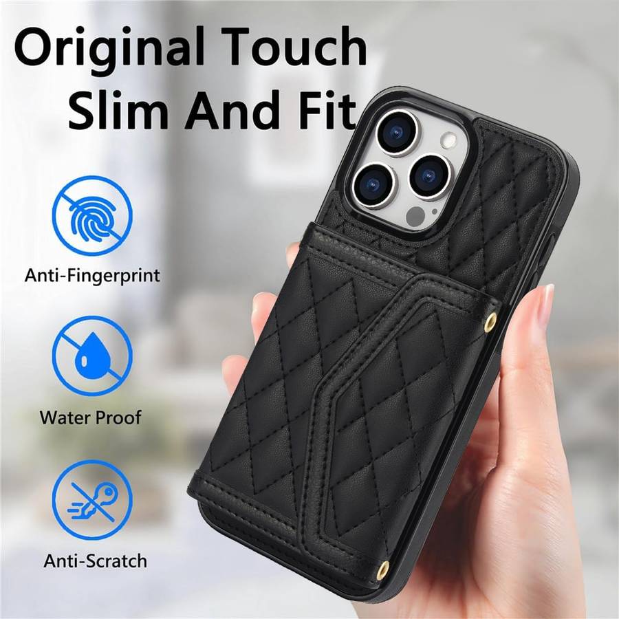 For iPhone 14 Plus / 15 Plus Splicing Rhombic Texture Card Bag Phone Case with Long Lanyard(Bla