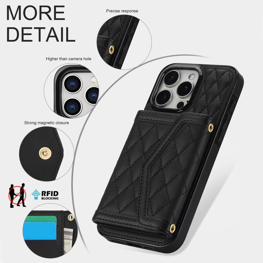 For iPhone 14 Plus / 15 Plus Splicing Rhombic Texture Card Bag Phone Case with Long Lanyard(Bla