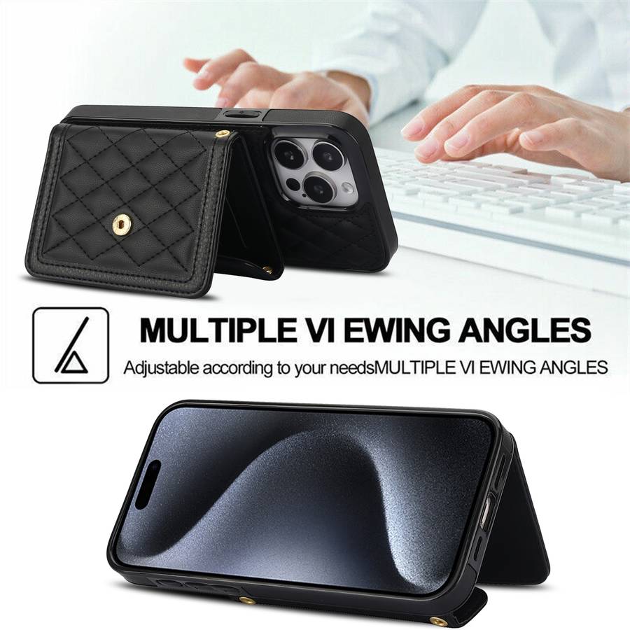 For iPhone 14 Plus / 15 Plus Splicing Rhombic Texture Card Bag Phone Case with Long Lanyard(Bla