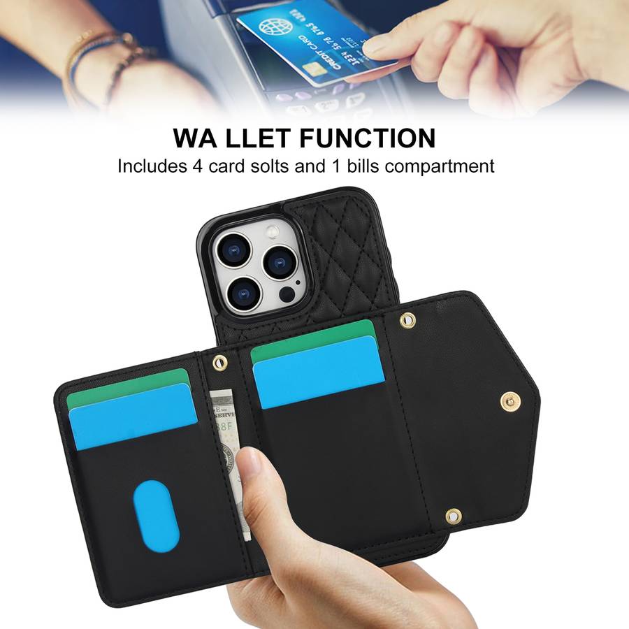 For iPhone 14 Plus / 15 Plus Splicing Rhombic Texture Card Bag Phone Case with Long Lanyard(Bla
