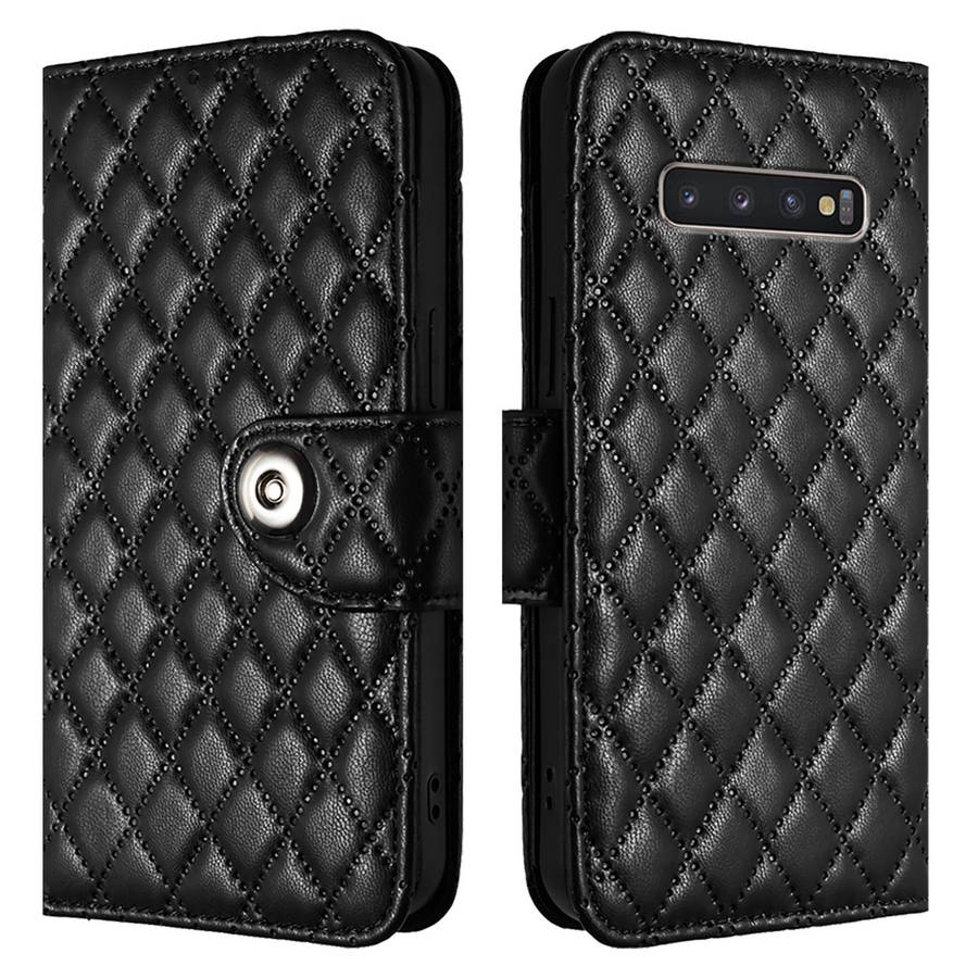 For Samsung Galaxy S10+ Rhombic Texture Flip Leather Phone Case with Lanyard(Black)