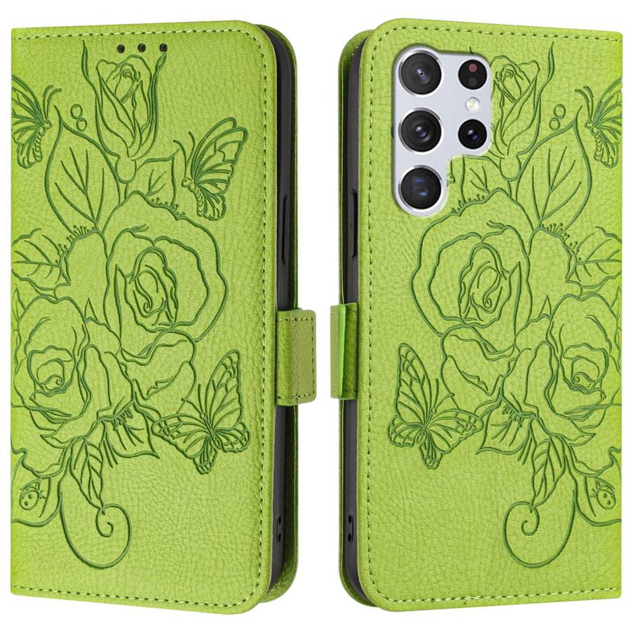 For Samsung Galaxy S22 Ultra 5G Embossed Rose RFID Anti-theft Leather Phone Case(Green)