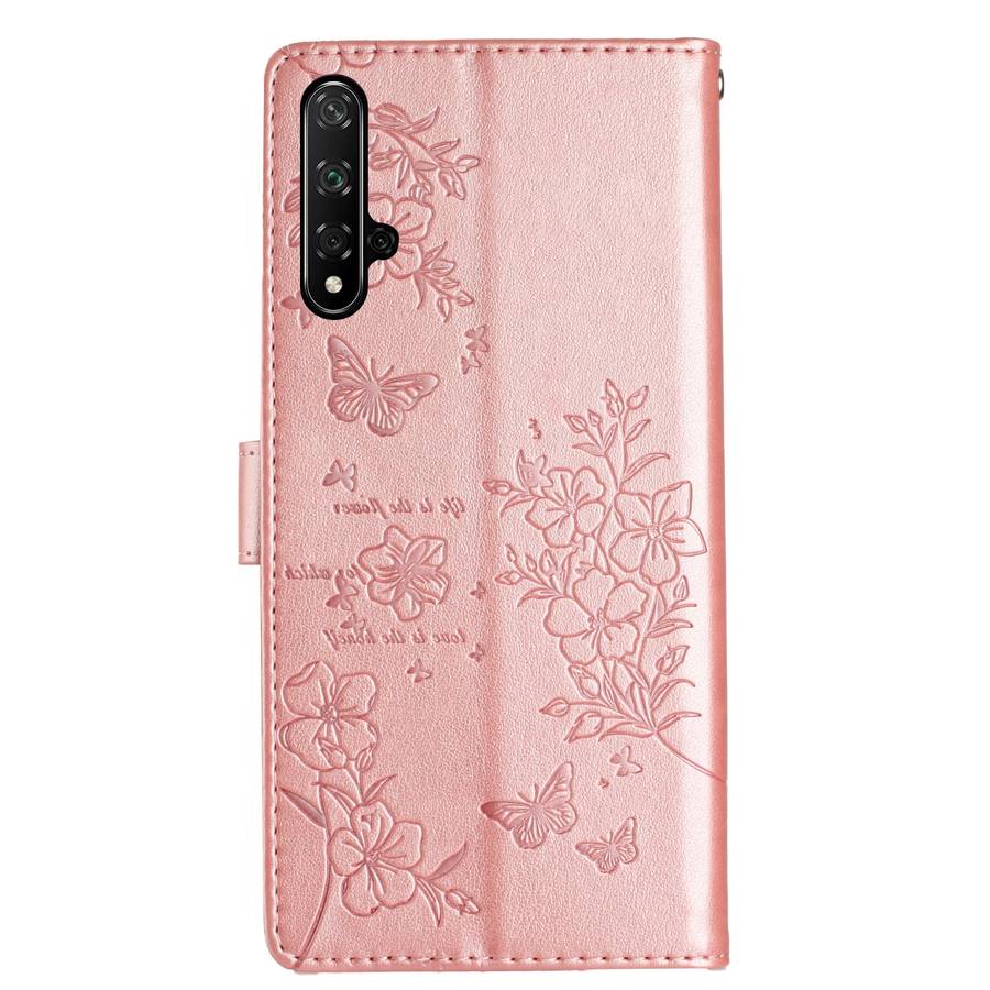 For Honor 20 Butterflies And Flowers Leather Phone Case(Rose Gold)