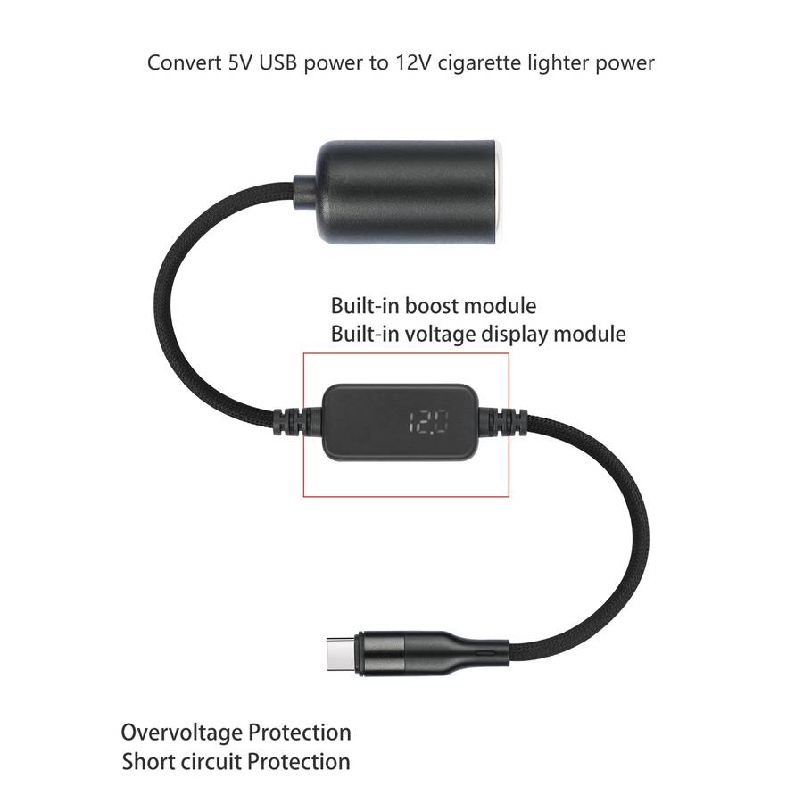Type-C 5V to 12V Car Cigarette Lighter Socket Boost Cable with Voltage Display, Length:0.3m(Black)