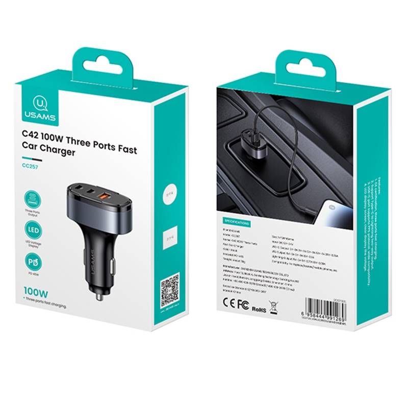USAMS CC257 C42 100W USB, Type-C, 8 Pin Three Ports Car Fast Charger(Black)
