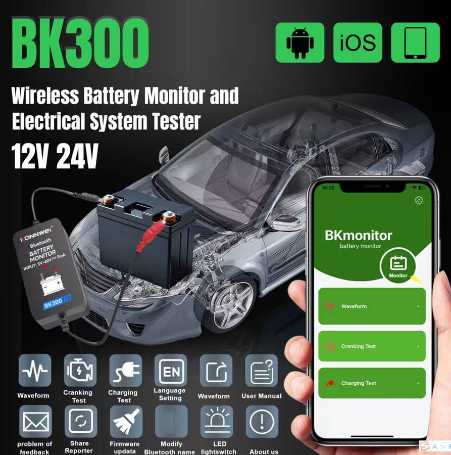 KONNWEI BK300 6V / 12V / 24V Car Bluetooth 5.0 Battery Monitor Diagnostic Tool(Black)