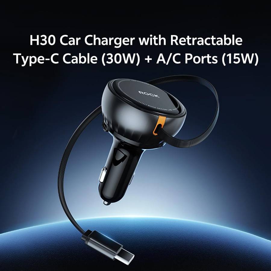 ROCK H30 45W USB-A Type-C Ports Car Charger with Retractable Type-C Cable(Black)