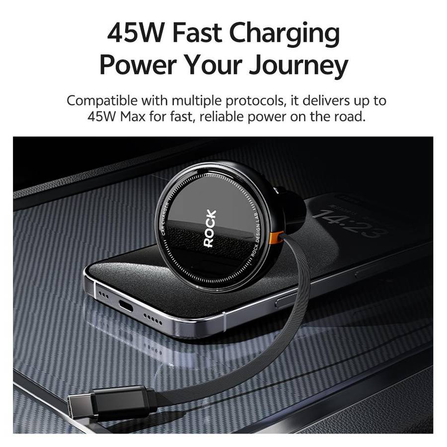 ROCK H30 45W USB-A Type-C Ports Car Charger with Retractable Type-C Cable(Black)