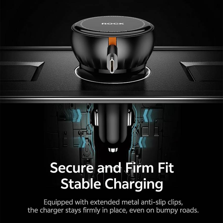 ROCK H30 45W USB-A Type-C Ports Car Charger with Retractable Type-C Cable(Black)