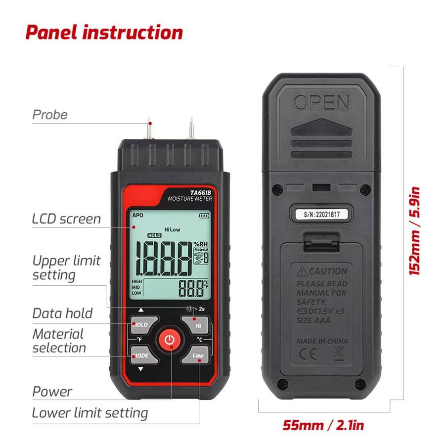 TASI TA661B Wood Moisture Meter Quickly Measure Moisture Content Tester Temperature Humidity Detecto