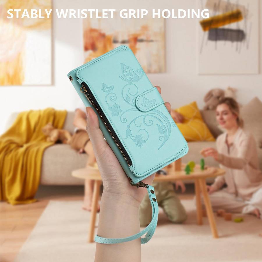For HMD Fuison Butterfly Love Flower Multi-card Zipper Wallet Leather Phone Case(Mint Green)