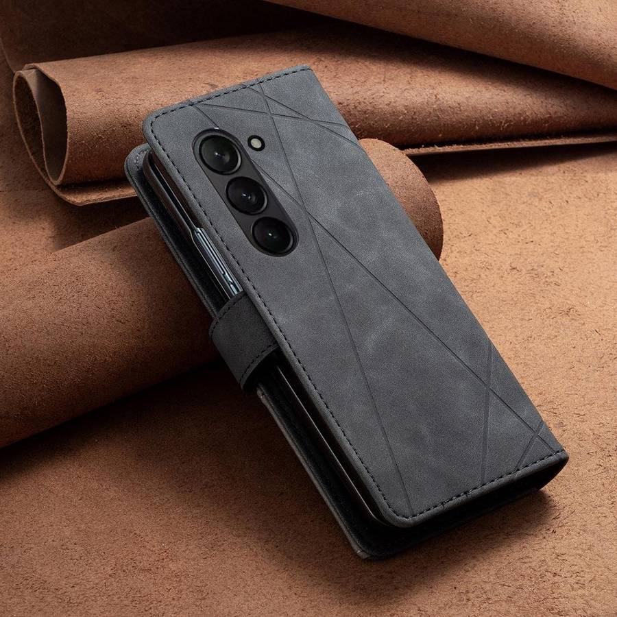 For Samsung Galaxy Z Fold6 Magnetic Buckle Rhombus Texture Leather Phone Case(Black)