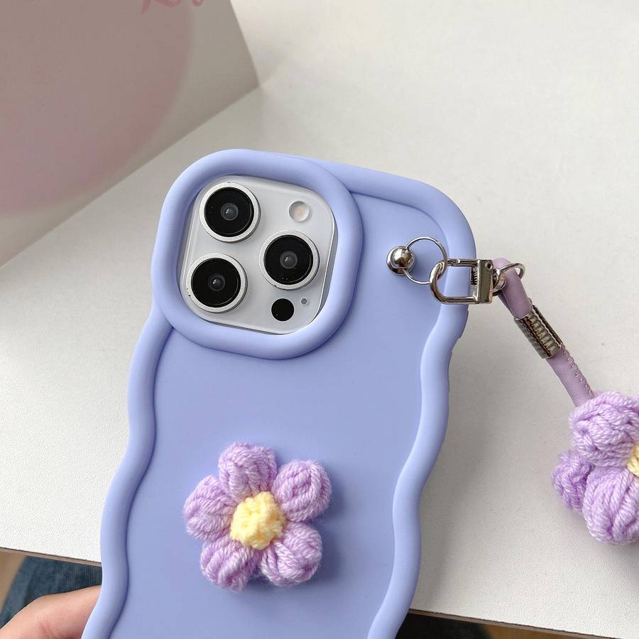 For iPhone 11 Pro Plush Flower Wavy TPU Phone Case with Lanyard(White)