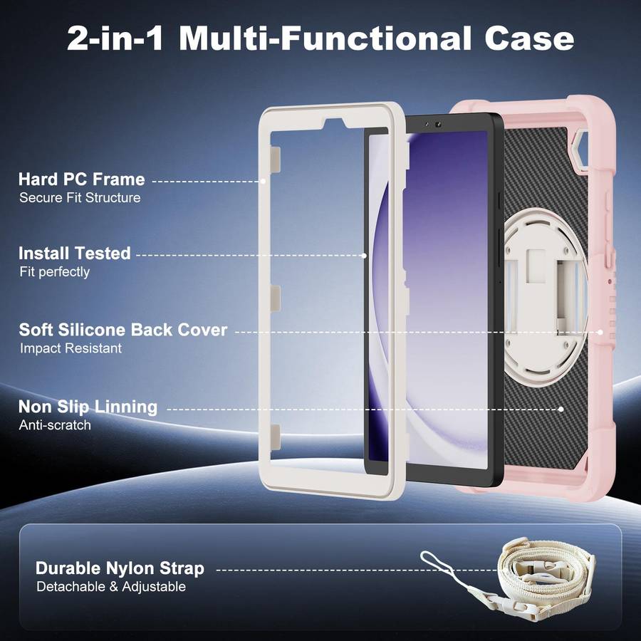 For Samsung Galaxy Tab A11 / A9 King PC Hybrid Silicone Tablet Case with Holder & ... (Rose Pink)