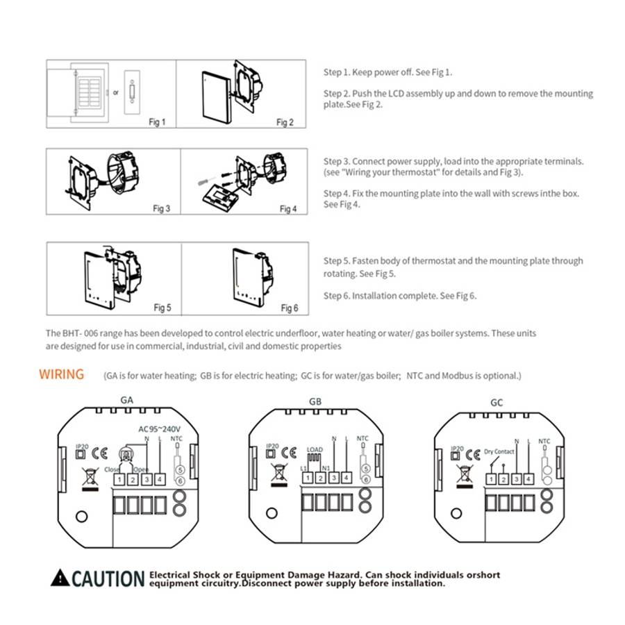 BHT-006GBLW 95-240V AC 16A Smart Home Heating Thermostat for EU Box, Control Electric Heating with O