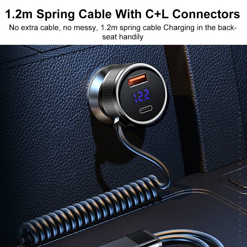 REMAX RCC336 Saga Series 2 in 1 Car 52.5W PD Fast Charger with USB-C / Type-C + 8 Pin Spring Cable