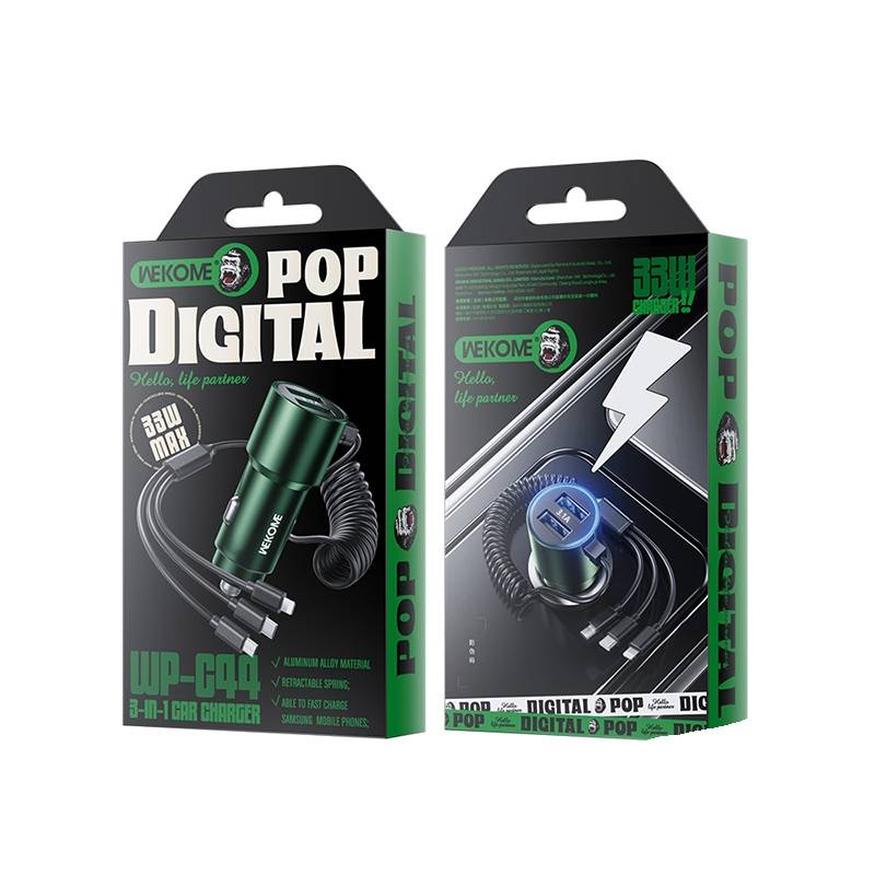WK WP-C44 Pop Digital Series Ciahung 3-in-1 Cabled 33W Dual-USB Fast Car Charger (Black)