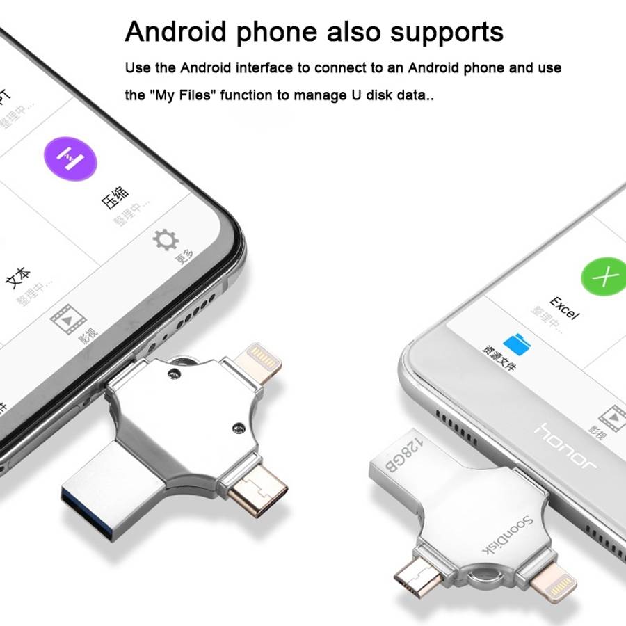 4 in 1 128GB USB 3.0 + 8 Pin + Mirco USB + USB-C / Type-C Dual-use Flash Drive with OTG Function