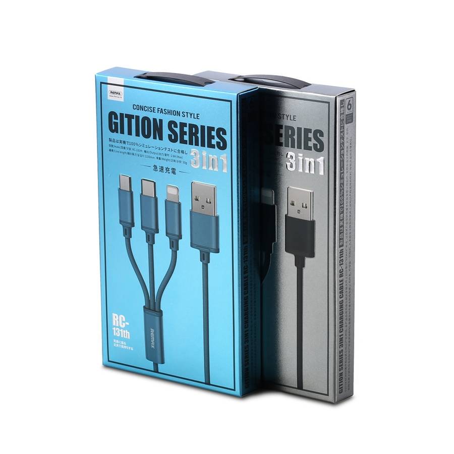 REMAX RC-131TH 1m 2.8A 3 in 1 USB to 8 Pin & USB-C / Type-C & Micro USB Charging Cable(Blue)