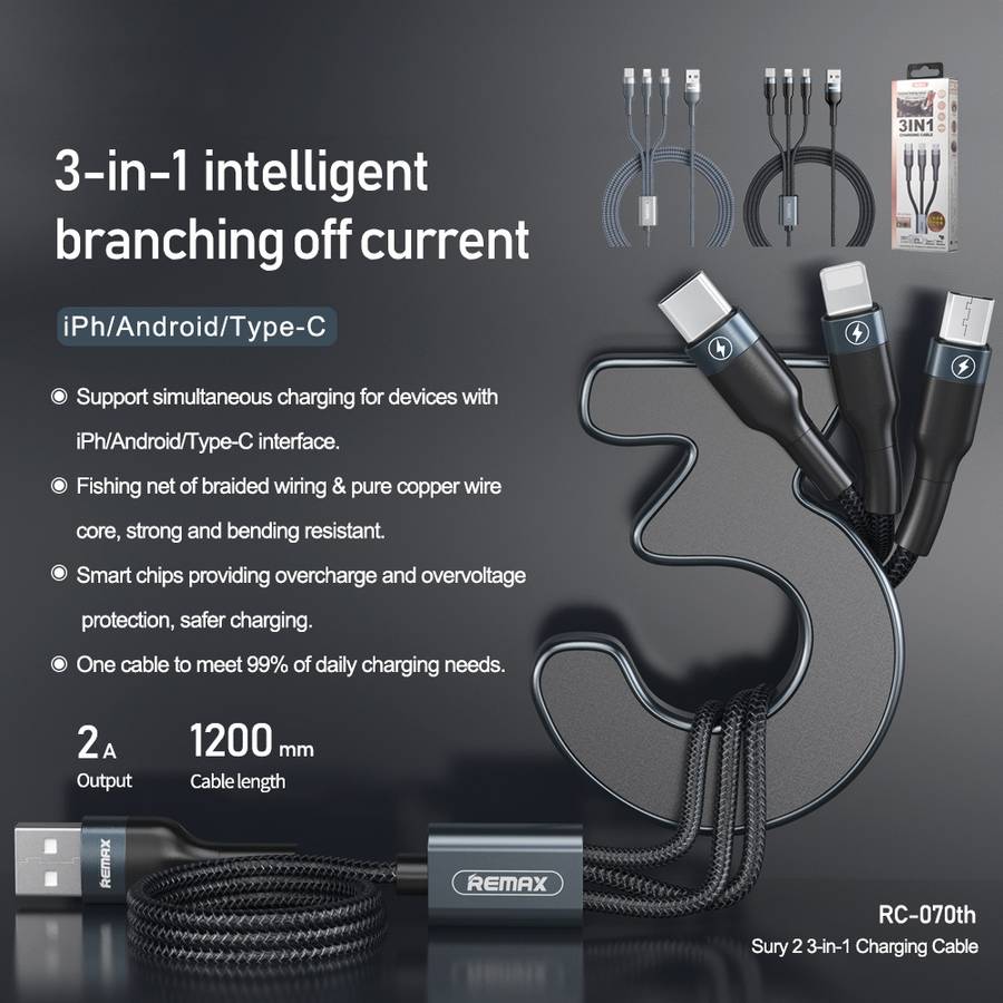 REMAX RC-070TH 1.2m 2A 3 in 1 USB to 8 Pin & USB-C / Type-C & Micro USB Charging Cable(Black)