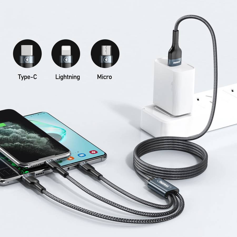 REMAX RC-070TH 1.2m 2A 3 in 1 USB to 8 Pin & USB-C / Type-C & Micro USB Charging Cable(Silver)