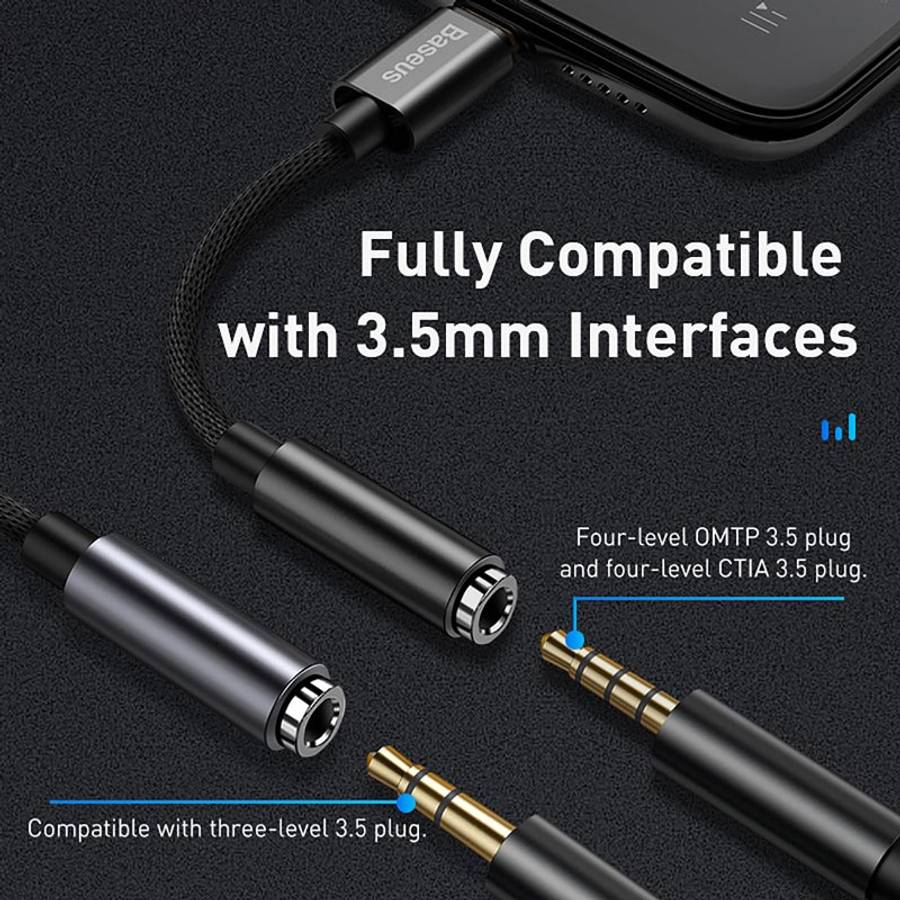 Baseus L3.5 8 Pin Male to 3.5mm Female Adapter with Cable(Black)