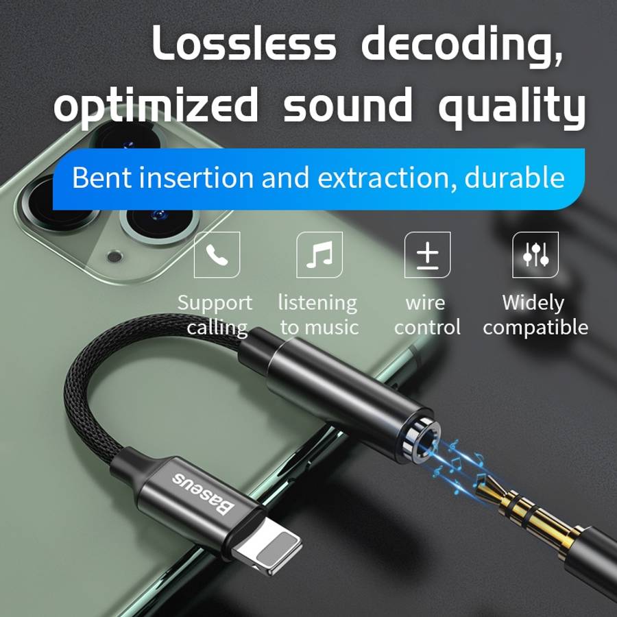 Baseus L3.5 8 Pin Male to 3.5mm Female Adapter with Cable(Black)