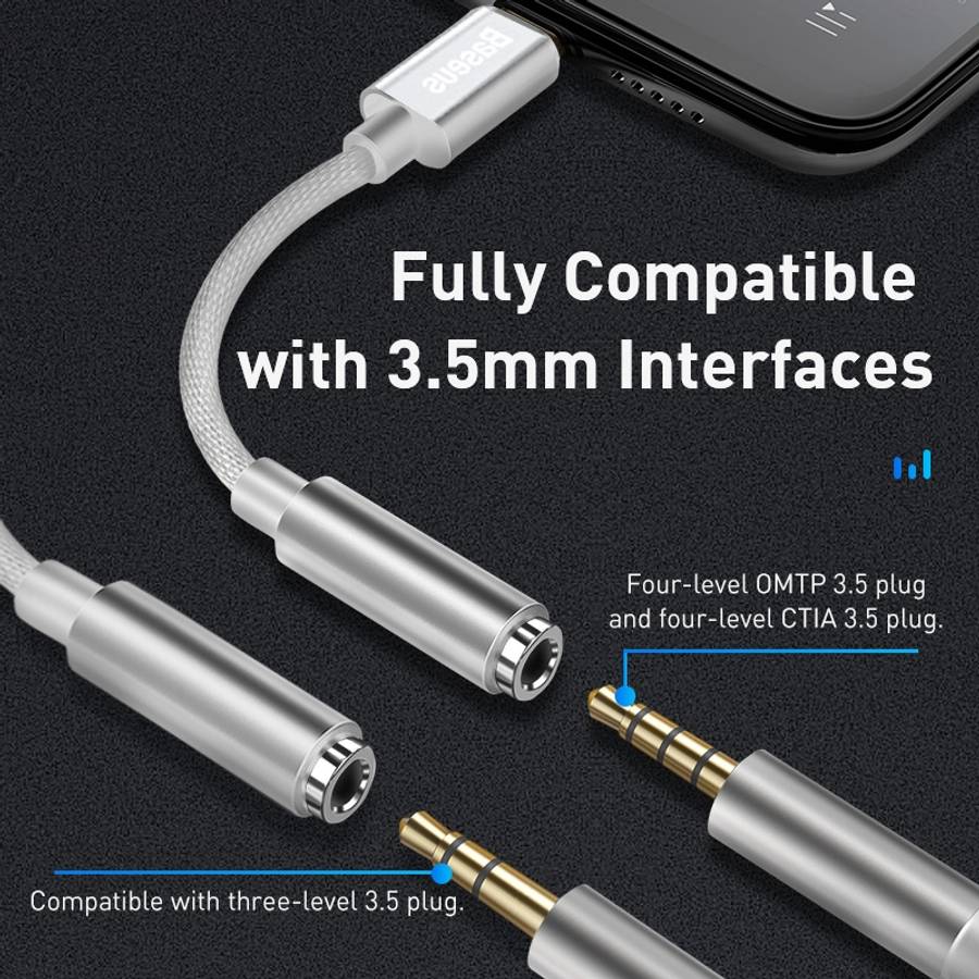 Baseus L3.5 8 Pin Male to 3.5mm Female Adapter with Cable(White)