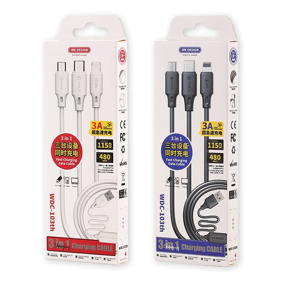 WK WDC-103 3A 3 In 1 8 Pin + Micro USB + Type-C / USB-C Fullspeed Pro Charging Data Ca ... (Black)