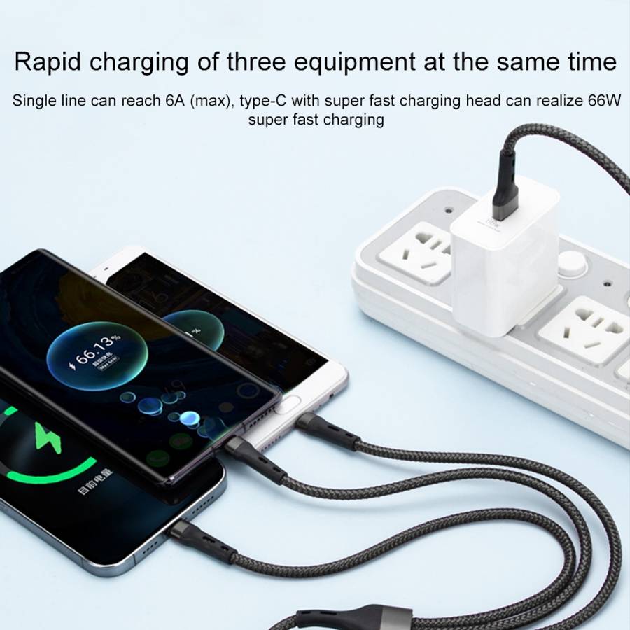 100W 6A Type-C to 8 Pin+Type-C+Micro USB Charging Data Cable, 1.3m(Red)
