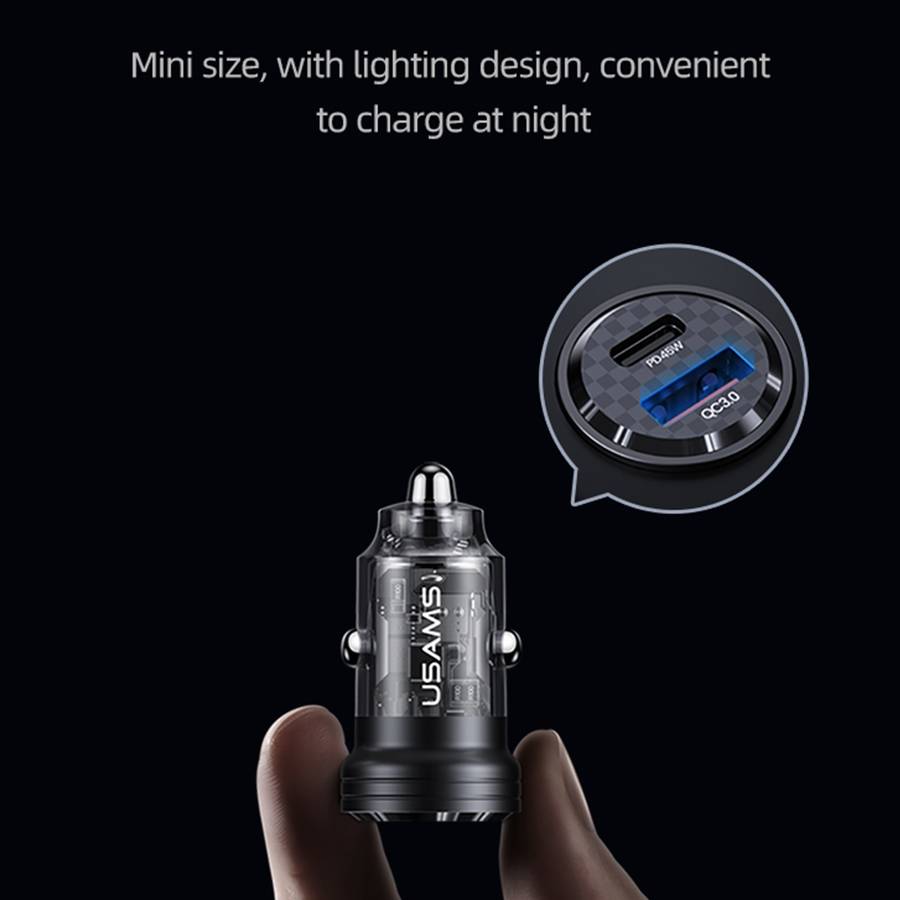 USAMS US-CC175 C35 45W Aluminum Alloy Transparent Dual USB Port Mini Car Charger (Black)