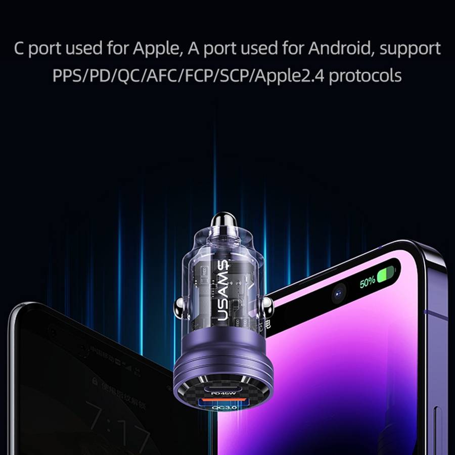 USAMS US-CC175 C35 45W Aluminum Alloy Transparent Dual USB Port Mini Car Charger (Black)