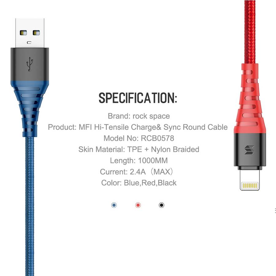 Rock Space 1m 2.4A Max MFi Certificated USB to 8 Pin Nylon Braided Round Cord Data Sync Charge Cab