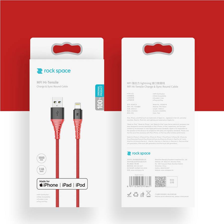 Rock Space 1m 2.4A Max MFi Certificated USB to 8 Pin Nylon Braided Round Cord Data Sync Charge Cab