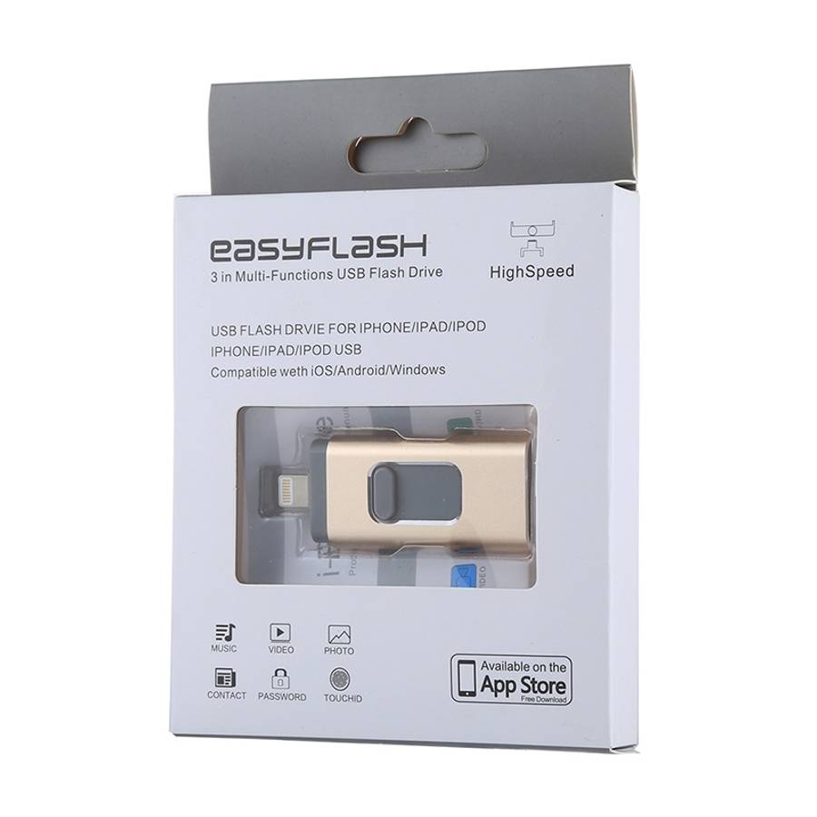 easyflash RQW-01B 3 in 1 USB 2.0 & 8 Pin & Micro USB 128GB Flash Drive(Gold)