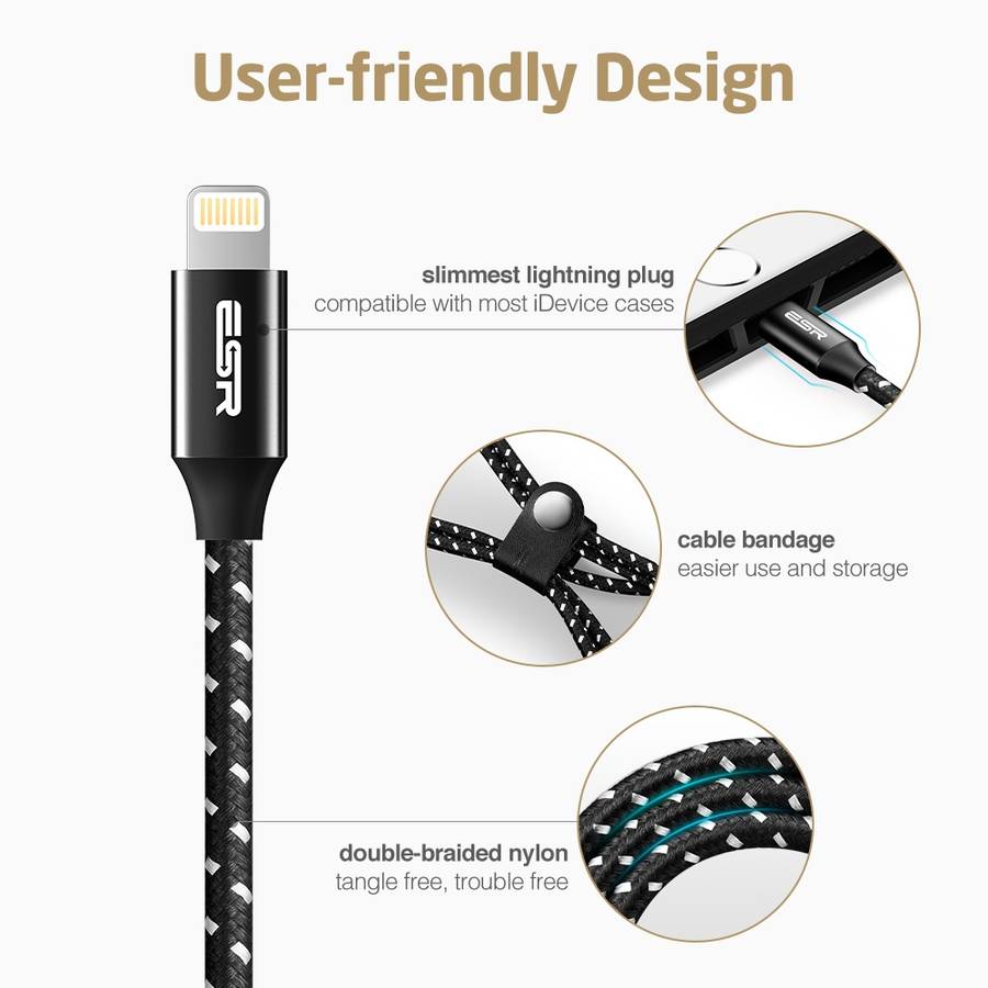 ESR 2m 2.4A MFI Certificated USB to 8 Pin Nylon Braided Fast Charging Cable