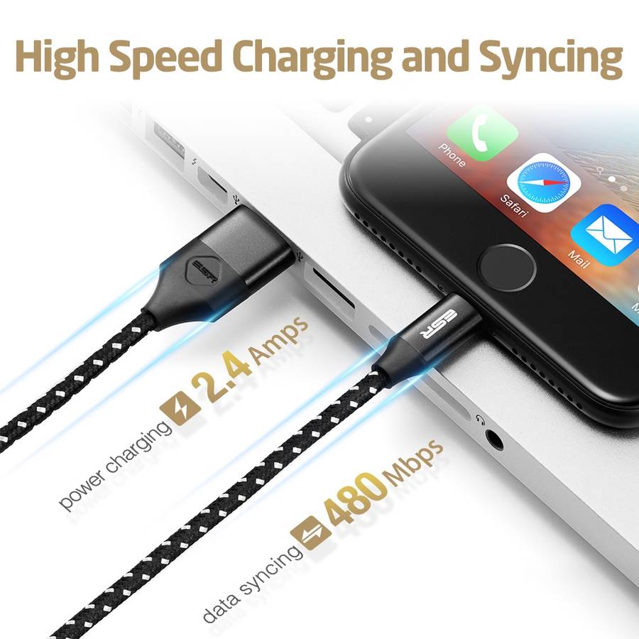 ESR 2m 2.4A MFI Certificated USB to 8 Pin Nylon Braided Fast Charging Cable