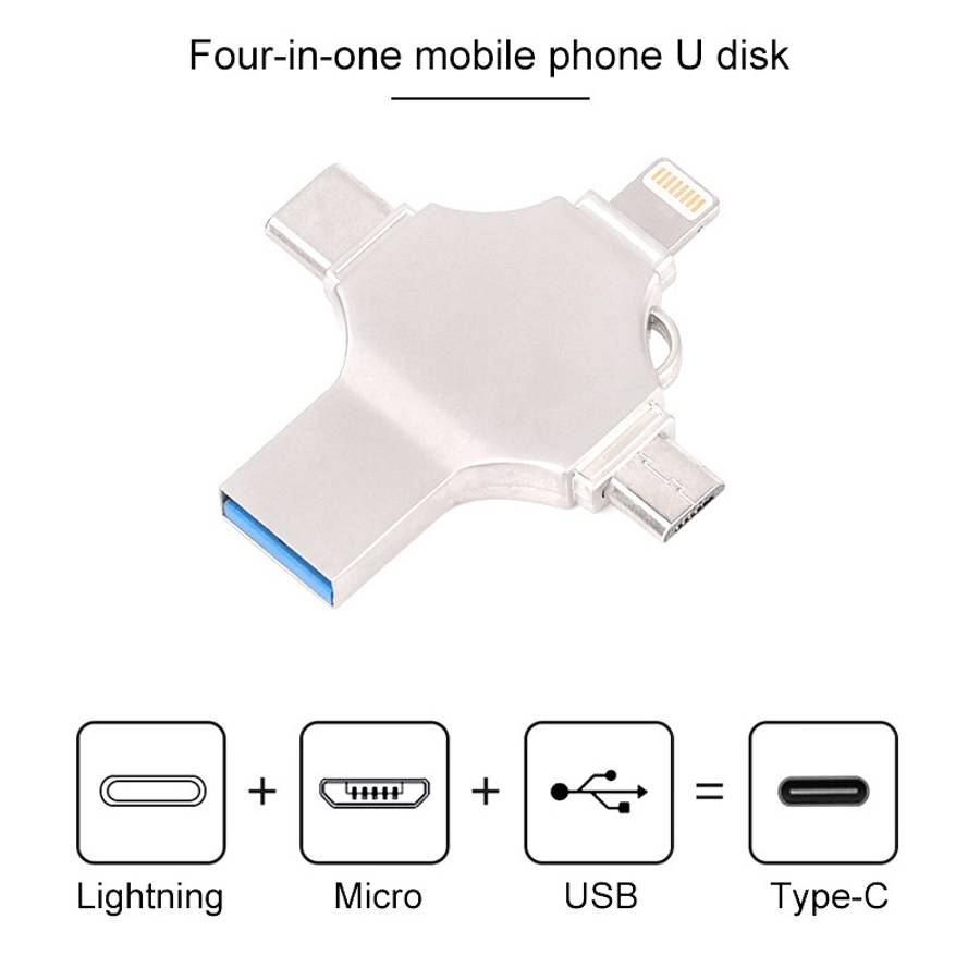 Cross 4 in 1 32GB 8 Pin + Micro USB + USB-C / Type-C + USB 3.0 Metal Flash Disk(Silver)