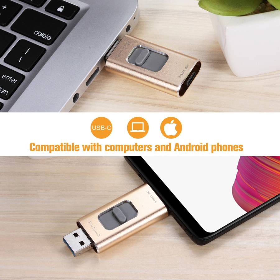Richwell 3 in 1 64G Type-C + 8 Pin + USB 3.0 Metal Push-pull Flash Disk with OTG F ... (Rose Gold)