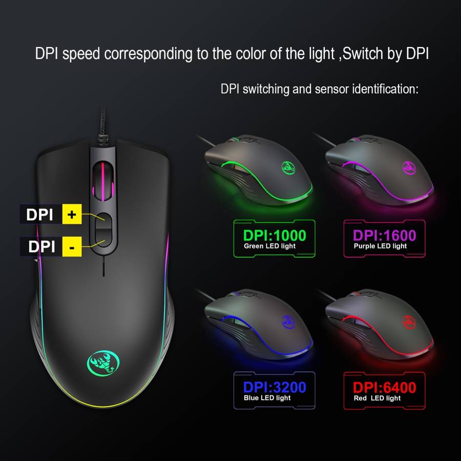 HXSJ A867 USB 6400DPI Four-speed Adjustable RGB Illuminate Wired E-sport Gaming Mouse, Length: 1.5