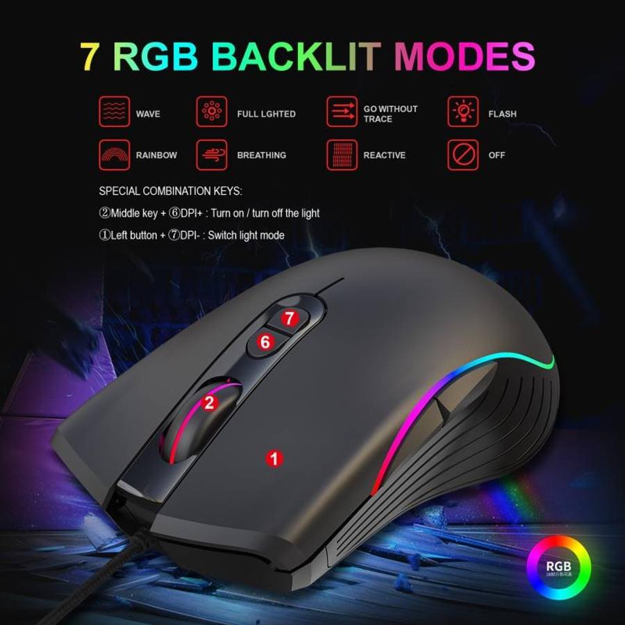 HXSJ A867 USB 6400DPI Four-speed Adjustable RGB Illuminate Wired E-sport Gaming Mouse, Length: 1.5